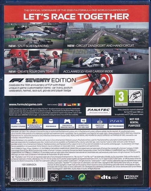 F1 2020 Seventy Edition - PS4 (A Grade) (Genbrug)